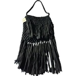 Free People Summer Sparks Bag Shoulder Crochet Woven Fringe Black NWT